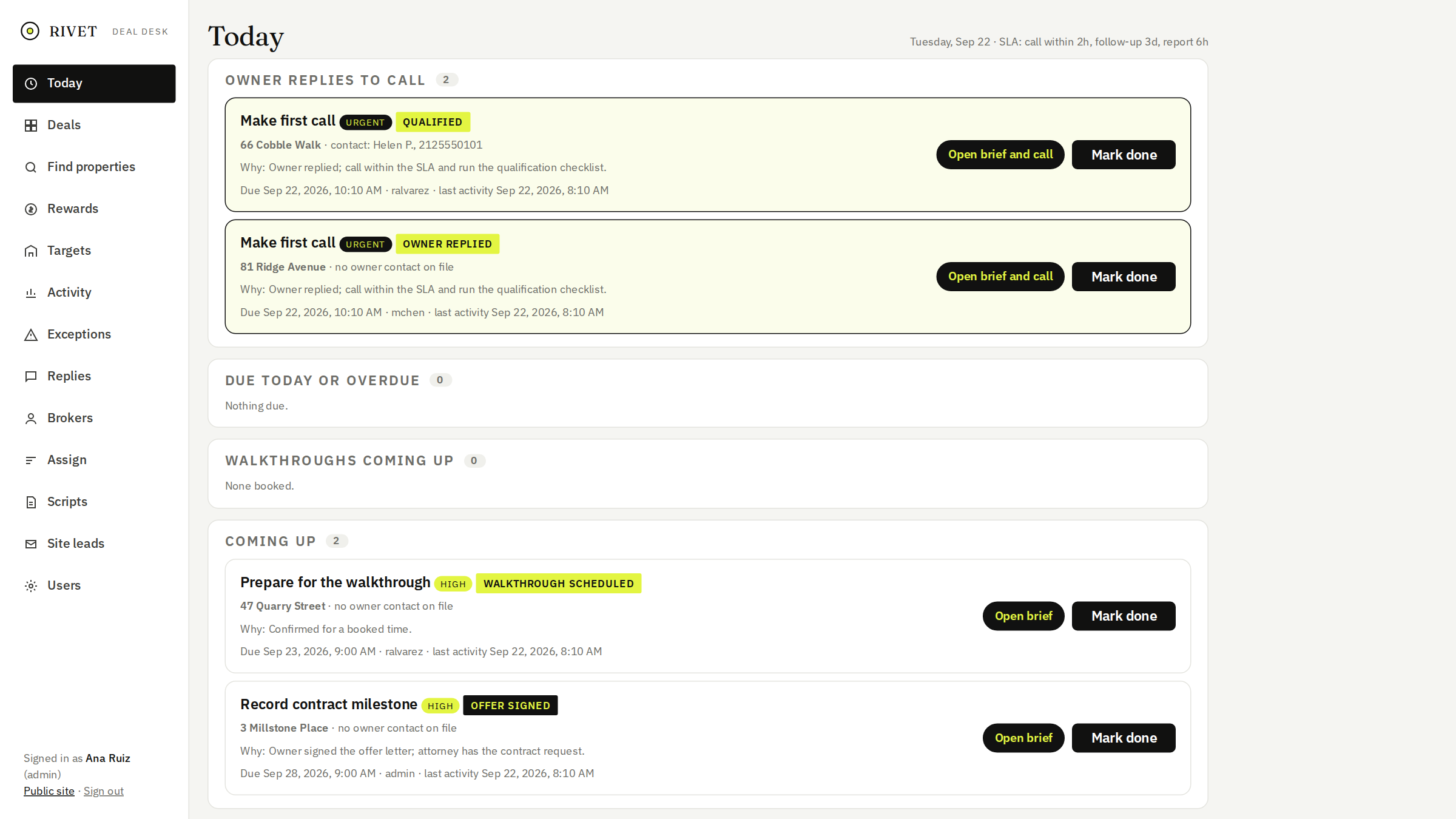 Today list with owner replies, due tasks and upcoming walkthroughs